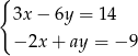 { 3x− 6y = 14 −2x + ay = − 9 