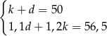 { k + d = 50 1,1d + 1,2k = 56,5 