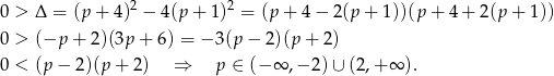  2 2 0 > Δ = (p + 4) − 4(p + 1) = (p + 4− 2 (p+ 1))(p + 4 + 2(p + 1)) 0 > (−p + 2)(3p + 6) = − 3(p − 2)(p + 2) 0 < (p − 2)(p + 2) ⇒ p ∈ (− ∞ ,− 2)∪ (2 ,+∞ ). 