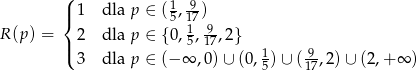  ( 1 9- |{ 1 dla p ∈ (5 ,17) R (p) = 2 dla p ∈ { 0, 15,197,2} |( 3 dla p ∈ (− ∞ ,0) ∪ (0, 1) ∪ ( 9-,2)∪ (2 ,+∞ ) 5 17 