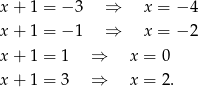 x + 1 = − 3 ⇒ x = − 4 x + 1 = − 1 ⇒ x = − 2 x + 1 = 1 ⇒ x = 0 x + 1 = 3 ⇒ x = 2. 