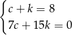 { c+ k = 8 7c+ 1 5k = 0 