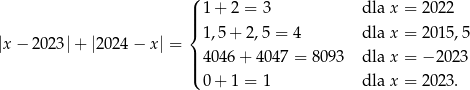 ( ||| 1+ 2 = 3 dla x = 2022 { 1,5+ 2,5 = 4 dla x = 2015,5 |x − 202 3|+ |2024 − x | = | ||( 4046 + 4047 = 8093 dla x = − 2023 0+ 1 = 1 dla x = 2023. 
