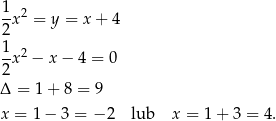 1 -x2 = y = x + 4 2 1x2 − x − 4 = 0 2 Δ = 1 + 8 = 9 x = 1 − 3 = − 2 lub x = 1+ 3 = 4. 
