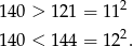  2 1 40 > 121 = 11 1 40 < 144 = 122. 