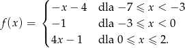  ( |{ −x − 4 dla − 7 ≤ x < − 3 f (x) = −1 dla − 3 ≤ x < 0 |( 4x− 1 dla 0 ≤ x ≤ 2. 