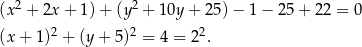  2 2 (x + 2x + 1) + (y + 10y + 25 )− 1 − 25 + 2 2 = 0 (x + 1)2 + (y+ 5)2 = 4 = 2 2. 
