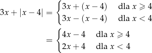  { 3x + (x − 4) dla x ≥ 4 3x + |x − 4| = 3x − (x − 4) dla x < 4 { 4x − 4 dla x ≥ 4 = 2x + 4 dla x < 4 