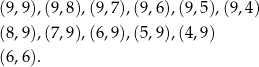 (9,9),(9,8),(9,7 ),(9 ,6),(9,5),(9,4) (8,9),(7,9),(6,9 ),(5 ,9),(4,9) (6,6). 