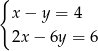 { x − y = 4 2x − 6y = 6 
