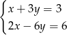 { x+ 3y = 3 2x− 6y = 6 