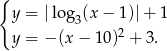 { y = |lo g3(x− 1)|+ 1 y = −(x − 1 0)2 + 3 . 