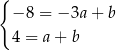 { −8 = − 3a+ b 4 = a+ b 
