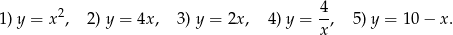 1) y = x2, 2) y = 4x, 3 ) y = 2x , 4) y = 4, 5) y = 10 − x. x 