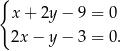 { x + 2y − 9 = 0 2x − y − 3 = 0. 
