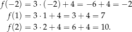 f(− 2) = 3⋅(− 2) + 4 = −6 + 4 = − 2 f(1) = 3⋅1 + 4 = 3+ 4 = 7 f(2) = 3⋅2 + 4 = 6+ 4 = 10. 