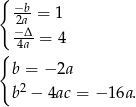 { −b- 2a = 1 −4Δa-= 4 { b = − 2a b2 − 4ac = − 16a. 