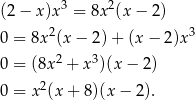  3 2 (2 − x )x = 8x (x − 2 ) 0 = 8x2(x − 2) + (x − 2)x 3 2 3 0 = (8x + x )(x − 2) 0 = x2(x + 8)(x − 2). 