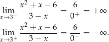  2 lim x-+--x−--6-= 6--= + ∞ x→ 3− 3 − x 0+ x2 + x− 6 6 lim + -----------= -−-= − ∞ . x→ 3 3 − x 0 