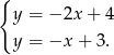 { y = − 2x + 4 y = −x + 3. 