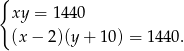 { xy = 1440 (x − 2)(y + 10) = 1440. 