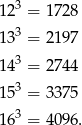  3 12 = 1728 133 = 2197 143 = 2744 3 15 = 3375 163 = 4096. 