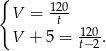 { V = 120t- 120- V + 5 = t− 2. 