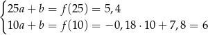 { 25a + b = f (25) = 5,4 10a + b = f (10) = − 0,18 ⋅10 + 7,8 = 6 