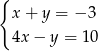 { x + y = − 3 4x − y = 10 