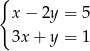 { x − 2y = 5 3x + y = 1 