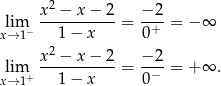  2 lim x--−-x-−--2 = −-2-= − ∞ x→ 1− 1 − x 0+ x 2 − x − 2 − 2 lim +----------- = --−-= + ∞ . x→ 1 1 − x 0 