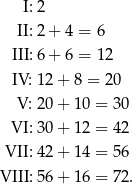  I: 2 II: 2+ 4 = 6 III: 6+ 6 = 12 IV: 12 + 8 = 20 V: 20 + 10 = 3 0 VI: 30 + 12 = 4 2 VII: 42 + 14 = 5 6 VIII: 56 + 16 = 7 2. 