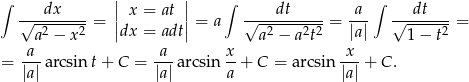∫ dx || x = at || ∫ dt a ∫ dt √---------= || || = a √-----------= --- √-------= a2 − x2 dx = adt a2 − a2t2 |a| 1− t2 -a- -a- x- x-- = |a| arcsin t+ C = |a| a rcsin a + C = arcsin |a| + C . 