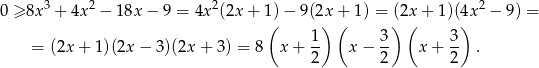  3 2 2 2 0 ≥ 8x + 4x − 18x − 9 = 4x (2x + 1() − 9(2x) +( 1 ) = )(2x( + 1)(4)x − 9) = 1 3 3 = (2x + 1)(2x − 3 )(2x + 3) = 8 x + -- x− -- x + -- . 2 2 2 