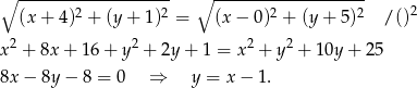 ∘ ------------------- ∘ ------------------- 2 2 2 2 2 (x + 4) + (y + 1) = (x− 0) + (y + 5 ) /() x2 + 8x + 16 + y2 + 2y + 1 = x 2 + y 2 + 1 0y+ 25 8x − 8y − 8 = 0 ⇒ y = x − 1. 