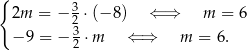 { 3 2m = − 2 ⋅(− 8) ⇐ ⇒ m = 6 − 9 = − 32 ⋅m ⇐ ⇒ m = 6. 