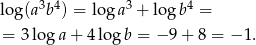 lo g(a3b4) = log a3 + log b4 = = 3 log a+ 4 log b = − 9+ 8 = − 1. 