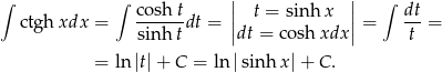 ∫ ∫ cosht || t = sin h x || ∫ dt ctgh xdx = ------dt = || || = ---= sin ht dt = cosh xdx t = ln |t|+ C = ln|sinh x| + C . 