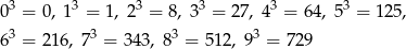  3 3 3 3 3 3 0 = 0, 1 = 1, 2 = 8 , 3 = 2 7, 4 = 64, 5 = 125, 63 = 216, 73 = 343, 83 = 512, 93 = 72 9 