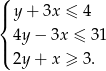( |{ y + 3x ≤ 4 4y − 3x ≤ 31 |( 2y + x ≥ 3. 
