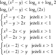 logx(x 2 − y ) < lo gxx + logx 2 2 l{ogx(x − y ) < lo gx(2x) x2 − y < 2x jeżeli x > 1 2 x − y > 2x jeżeli x < 1 { 2 x − 2x < y jeżeli x > 1 x2 − 2x > y jeżeli x < 1 { x(x − 2 ) < y jeżeli x > 1 x(x − 2 ) > y jeżeli x < 1 