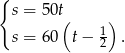 { s = 50t ( 1) s = 60 t − 2 . 