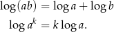 lo g(ab) = log a+ lo gb log ak = k lo ga. 