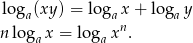 log (xy ) = log x + log y a a a n loga x = loga xn. 