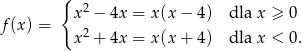  { 2 f (x) = x − 4x = x(x − 4) dla x ≥ 0 x2 + 4x = x(x + 4) dla x < 0. 