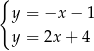 { y = −x − 1 y = 2x + 4 