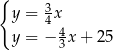 { 3 y = 4x y = − 43x + 25 