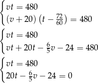 { vt = 480 (v + 2 0)(t− 72) = 480 { 60 vt = 480 6 vt + 20t − 5v − 2 4 = 480 { vt = 480 2 0t− 65v− 24 = 0 