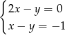 { 2x− y = 0 x− y = − 1 