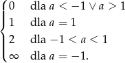 ( 0 dla a < − 1∨ a > 1 |||{ 1 dla a = 1 | 2 dla − 1 < a < 1 ||( ∞ dla a = − 1. 